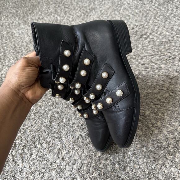 Zara Leather COMBAT Boots Black Pearl DECOR Strap Lace up Zip EU 37 US 6.5 READ - Picture 5 of 11